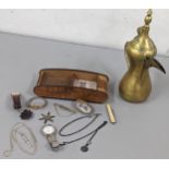 Turkish brass coffee pot, miscellaneous items to include late Georgian pocket watch key and other