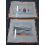 Douglas Pinder - Off Plymouth, a watercolour of boats moored on a still sea, 45cm x 28cm, signed