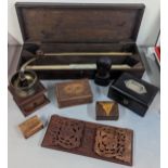 A group of treen items to include an oak book-slide, coffee grinder and mixed boxes- Location: