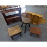 Mixed furniture comprising three stools to include one in the style of a milking stool, a pine shelf