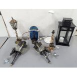 A group of lamps to include wall mounted example, an Art Deco style lamp having a stain glass