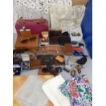 A vintage clothing and accessories lot to include a small London made leather jewellery box,
