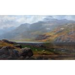 William Mellor - a lake scene with hills, rocks and sheep, oil on board, signed, framed and glazed