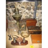 A lot to include a brass oil lamp with etched shade, 19th century sarcophagus shaped mahogany tea