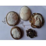 A group of yellow metal Victorian brooches to include cameos and mourning brooches A/F, two