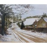 A pastel depicting a winter landscape with cottage to the foreground, possibly by James Doxford,