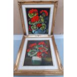 Bob Calrow - two oils on canvas of geraniums in vases, both signed lower right hand corner, 19cm x