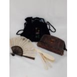 A small mixed lot to include a lace fan with painted and ebony handle, a bone child's hair brush and
