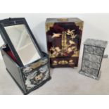 Three jewellery boxes, 1970's -2000 to include 2 Chinese examples, one with a folding mirror.