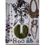 Modern costume jewellery to include an Angie Gooderham fine green bead multi-string necklace, fabric