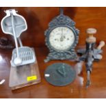 A late 19th century Follows & Bate Ltd magic marmalade cutter, vintage scales, a small sundial and