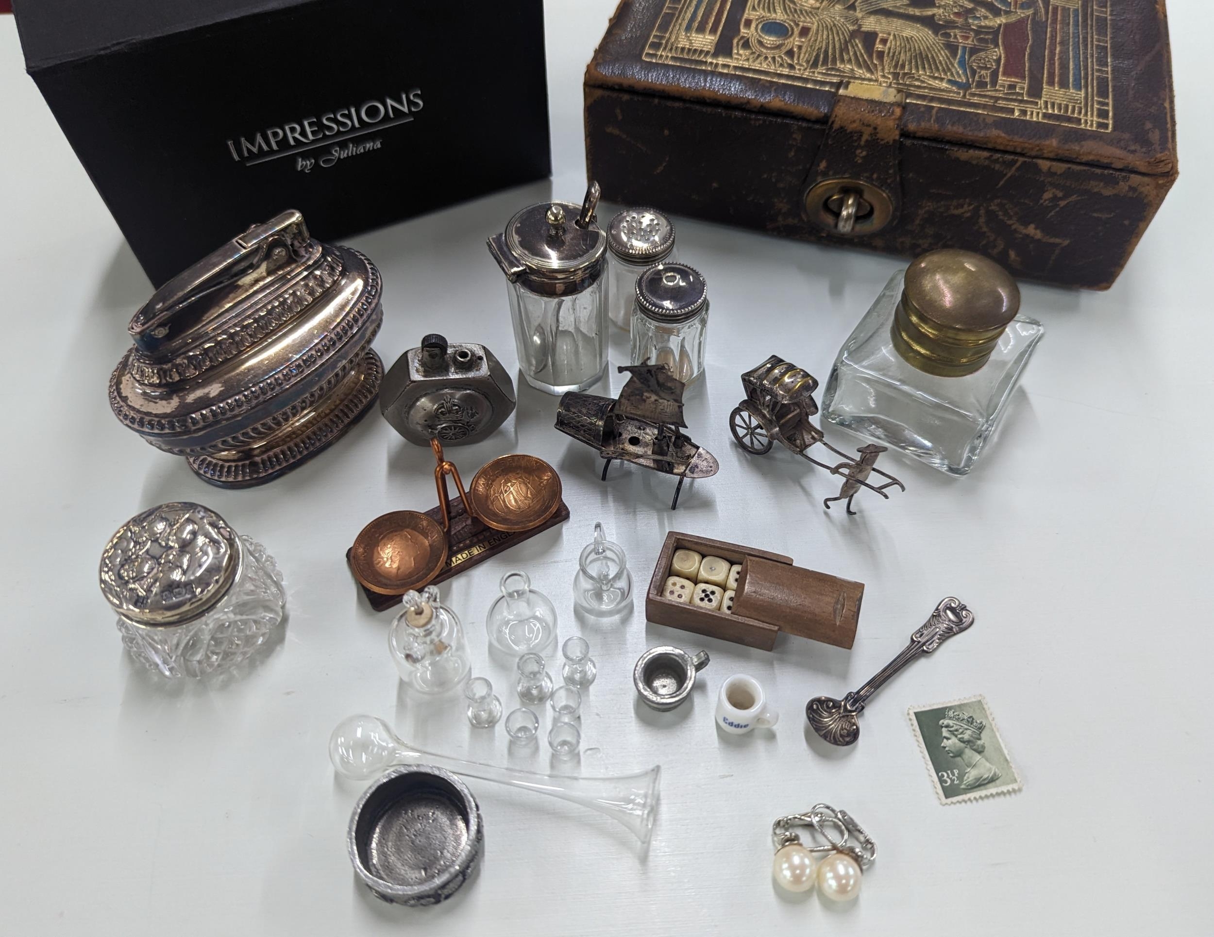 Silver, silver plated items and collectables to include Trench art cigarette lighter, dressing table