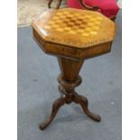 A Victorian walnut trumpet formed sewing table having a marquetry chequerboard top and on cabriole