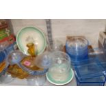 A mixed lot to include a Bagley glass dressing table set and mixed decorative plates, and jigsaw