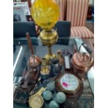Mixed wooden and metal items together with collectables to include a barometer. Location:RAM