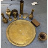 Brassware to include an Indian tray, a pair of Oriental vases, candlesticks, a mirror and other