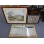 A vintage gilt painted wall hanging mirror together with a set of framed cigarette cards and a