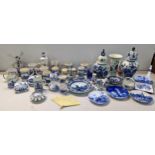 Ceramics, mainly blue and white Delft pottery to include tankards, plates, candlesticks, lidded vase