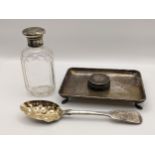 Mixed silver to include a pin dish, scent bottle, berry spoon and silver top of a scent bottle,