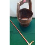 A 19th century wooden pail with metal strapwork together with a horn handled wooden walking stick