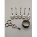 A silver napkin ring, together with five silver teaspoons hallmarked London 1913, and one other,