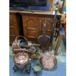 Mixed metalware to include a Victorian warming pan, copper kettle, coal scuttle, 18th century
