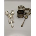 Mixed silver to include three white metal coffee spoons, a silver napkin ring hallmarked