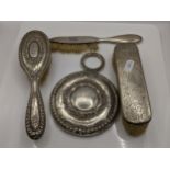 Early 20th century silver dressing table items to include a sterling silver mirror A/F, with