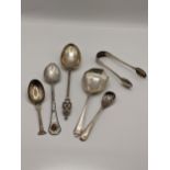 Mixed silver to include silver sugar tongs hallmarked London 1902, along with silver and white metal