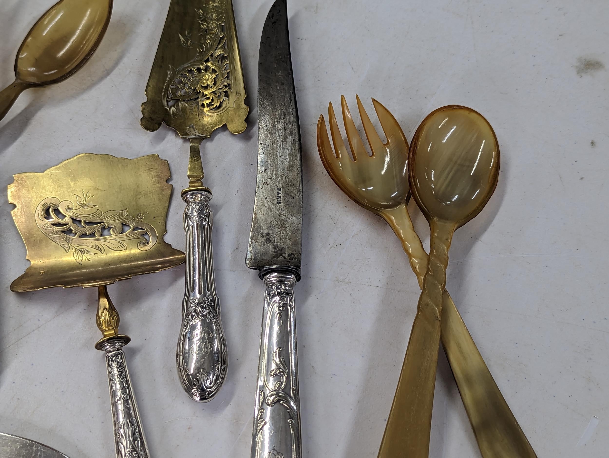 A group of mixed 19th century and later silver handled serving sets, to include French examples, - Image 4 of 8