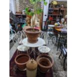 A group of terracotta garden planters on stands together with a Perfett and Bishop of Reading