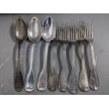 White metal cutlery consisting of five dinner forks and three spoons, 542g Location: