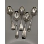 Five silver fiddle pattern teaspoons hallmarked London 1855 and Sheffield 1931, total weight 134.