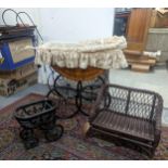 A Melody Maison display wicker and lace pram, along with a wicker doll/teddy bench and a smaller