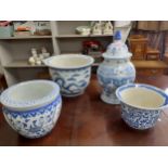 Mixed 20th Century blue and white ceramics to include Chinese jardinières. Location:RAB