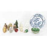 A collection of Chinese snuff bottles and porcelain, comprising six reverse glass painted snuff