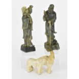 Two Chinese spinach jade figural sculptures, modelled as two of the eight immortals, He Xian Gu