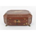 A 19th century Chinese export red and gilt lacquer sewing box, decorated with Chinese figures and