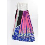 A Chinese Han embroidered silk qun/skirt, late 19th/early 20th century, in pink, blue and black,