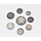 Mixed silver coinage - a part 1874 Maundy set comprising 3d, 2d, 1d holed, and two other 1874 2d (