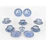 Six Chinese Qing dynasty blue and white cups and saucers, 18th century, Qianlong period (1736-1795),