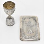 An Indian white metal card case, of rectangular form with central dancing deity to the front on a