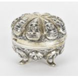 An Indian colonial Swami white metal lidded pot, circa 1890/1900, Madras, of circular form with