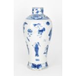 A Chinese Qing dynasty blue and white baluster vase, 19th century, with various figures on a white