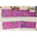 A small collection of Chinese embroidery, comprising a pair of purple silk sleeves embroidered
