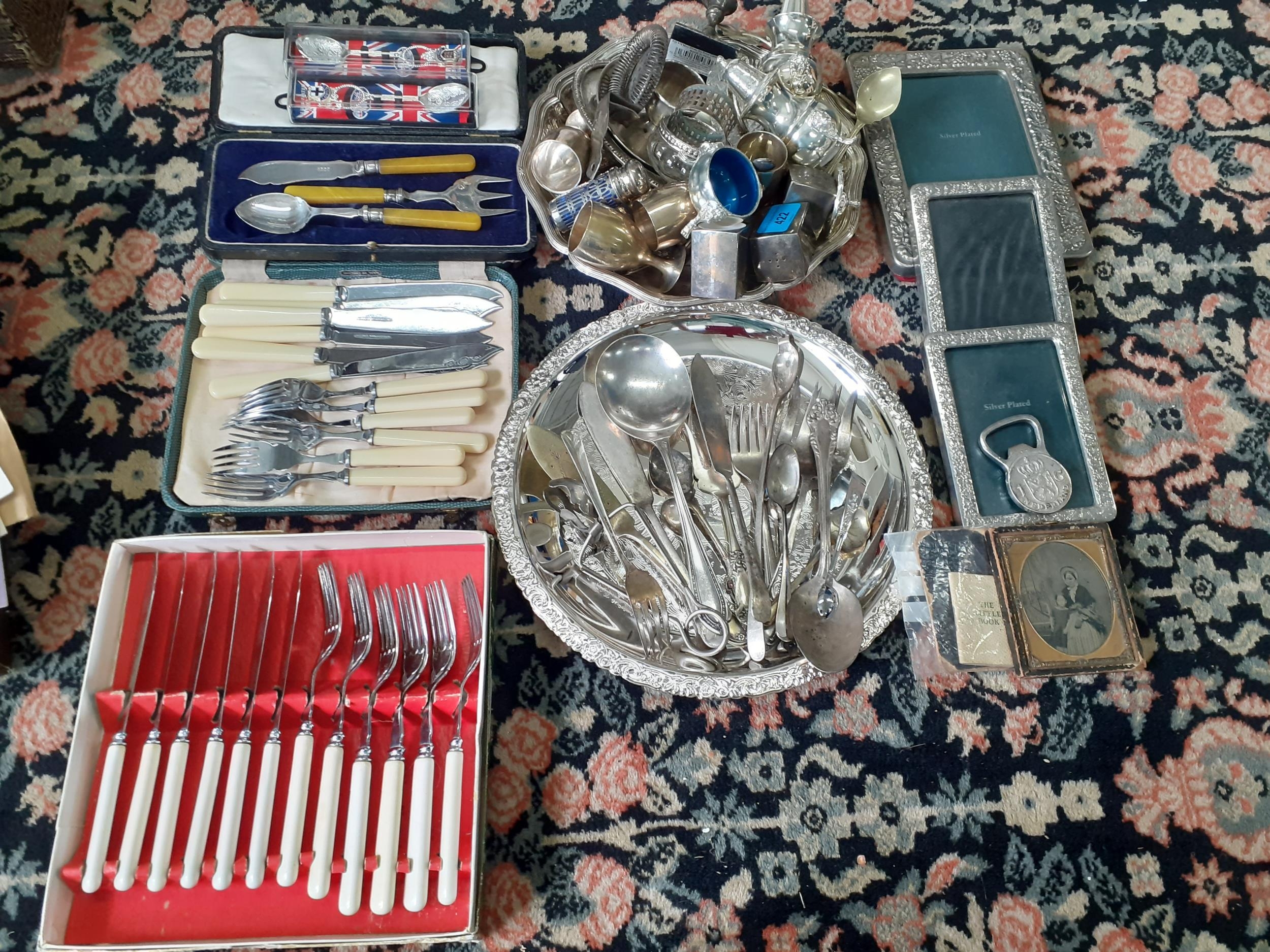 Mixed silver plate to include cruet sets, flatware and photo frames and other items Location: