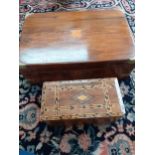 A Victorian inlaid walnut tea caddy with key and walnut writing slope converted to a jewellery box