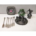 Collectables to include an Art Nouveau pewter clad glass vase and dish, a Swiss pewter shot glass