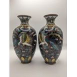 A pair of Japanese Meiji period cloisonne vases of ovoid form, decorated with birds flying among