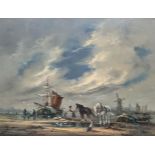 Gudron-Sibbons - oil on board, Dutch scene depicting horses boats and windmill to the background,